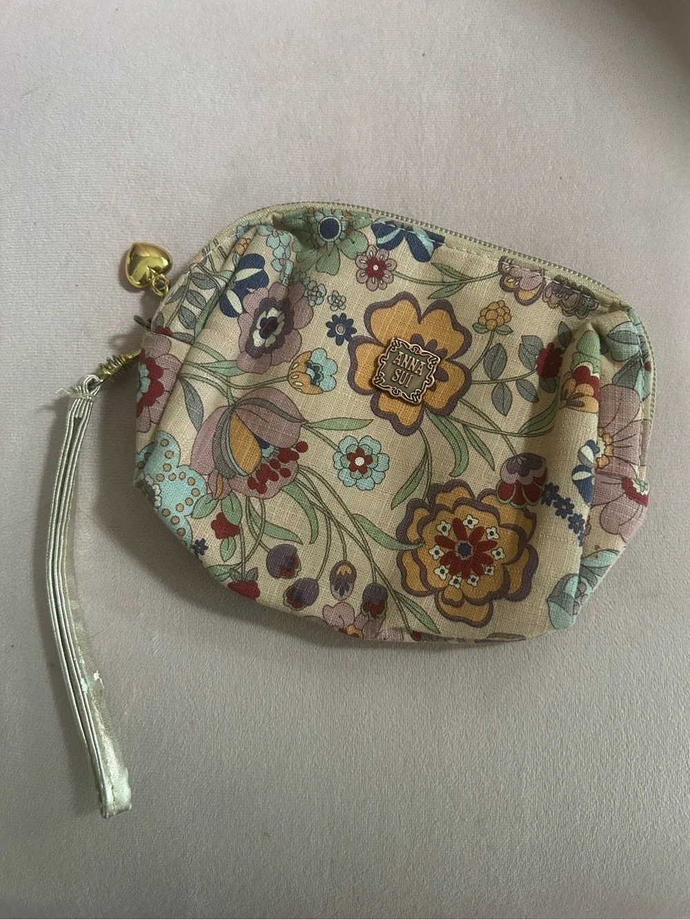 Anna Sui Floral Wristlet Pouch in Cream with Multicolor Blooms